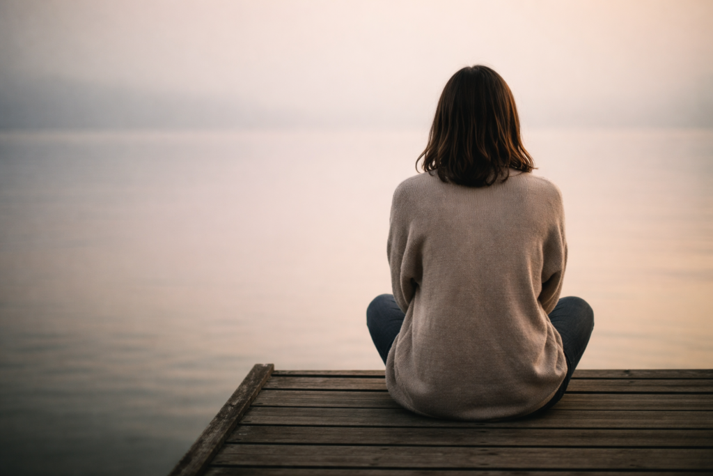 Femme seule regardant la mer, sentiment de vide intérieur et impression de ne pas exister
