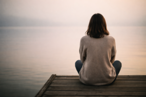 Femme seule regardant la mer, sentiment de vide intérieur et impression de ne pas exister