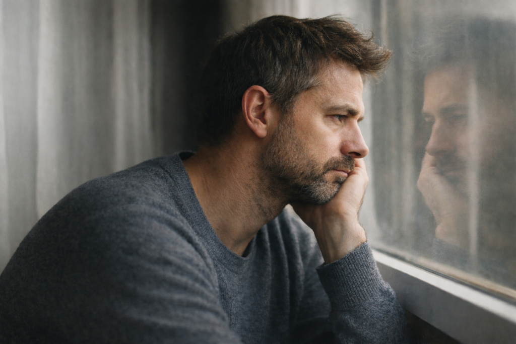 Homme pensif regardant par la fenêtre, sentiment de honte de soi et malaise avec les autres