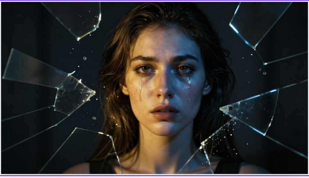 Femme en larmes entourée d'éclats de verre brisé, symbole du chaos émotionnel intérieur lié au TDAH, à l'impulsivité et à la personnalité borderline