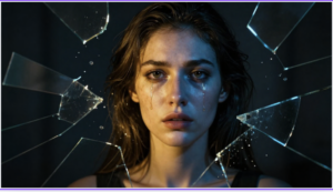Femme en larmes entourée d'éclats de verre brisé, symbole du chaos émotionnel intérieur lié au TDAH, à l'impulsivité et à la personnalité borderline